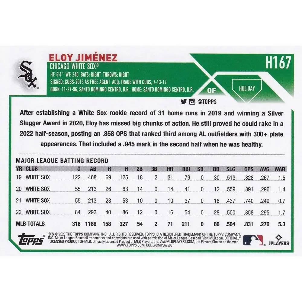 2023 Topps Holiday Eloy Jimenez H167 Chicago White Sox